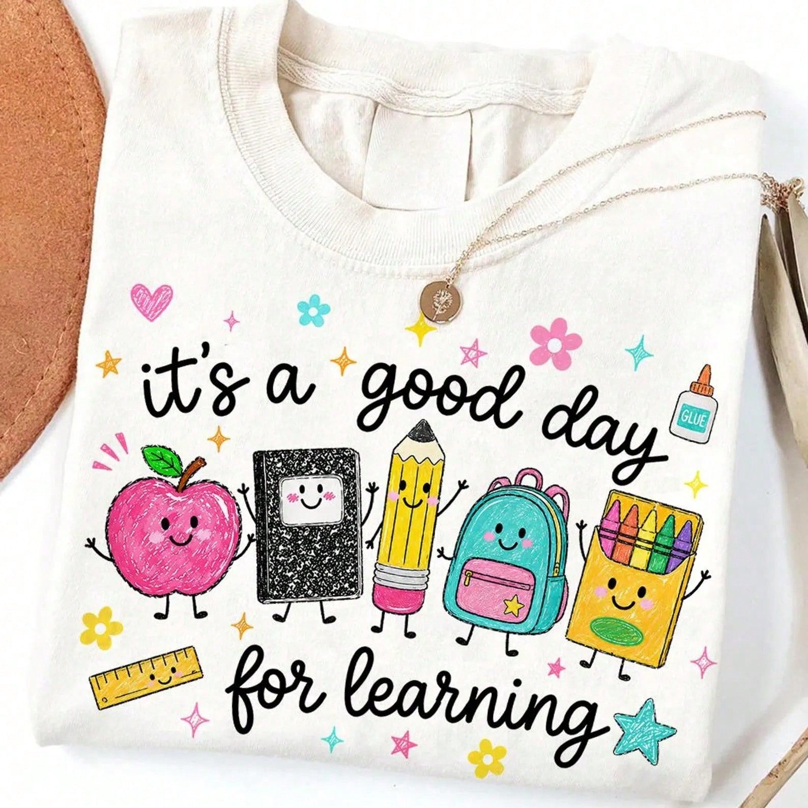 Good Day For Learning Graphic Tee Preppy Style Short Sleeve T-Shirt Cute School Supplies Print Casual Daily Wear Breathable Soft Cotton Top