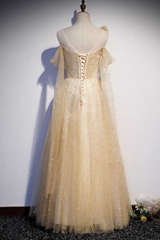 Gorgeous A-line Champagne Pearls Long Prom Dress