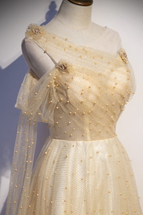 Gorgeous A-line Champagne Pearls Long Prom Dress