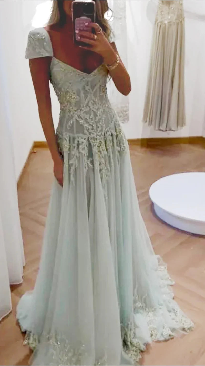 Gorgeous A Line Sweetheart Light Green Long Prom Dress with Appliques,AST2301