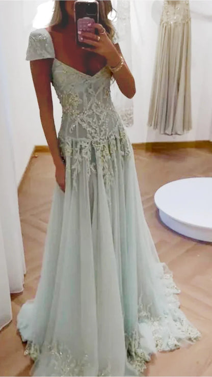 Gorgeous A Line Sweetheart Light Green Long Prom Dress with Appliques,AST2301