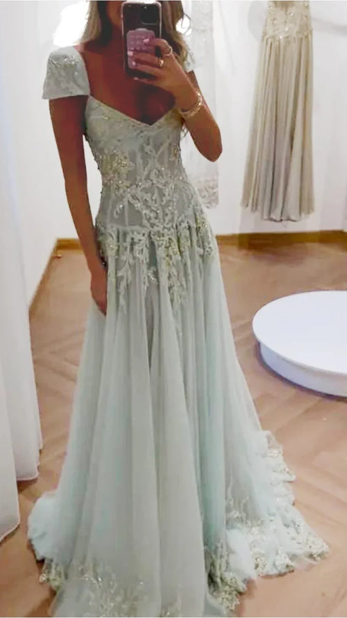 Gorgeous A Line Sweetheart Light Green Long Prom Dress with Appliques,AST2301