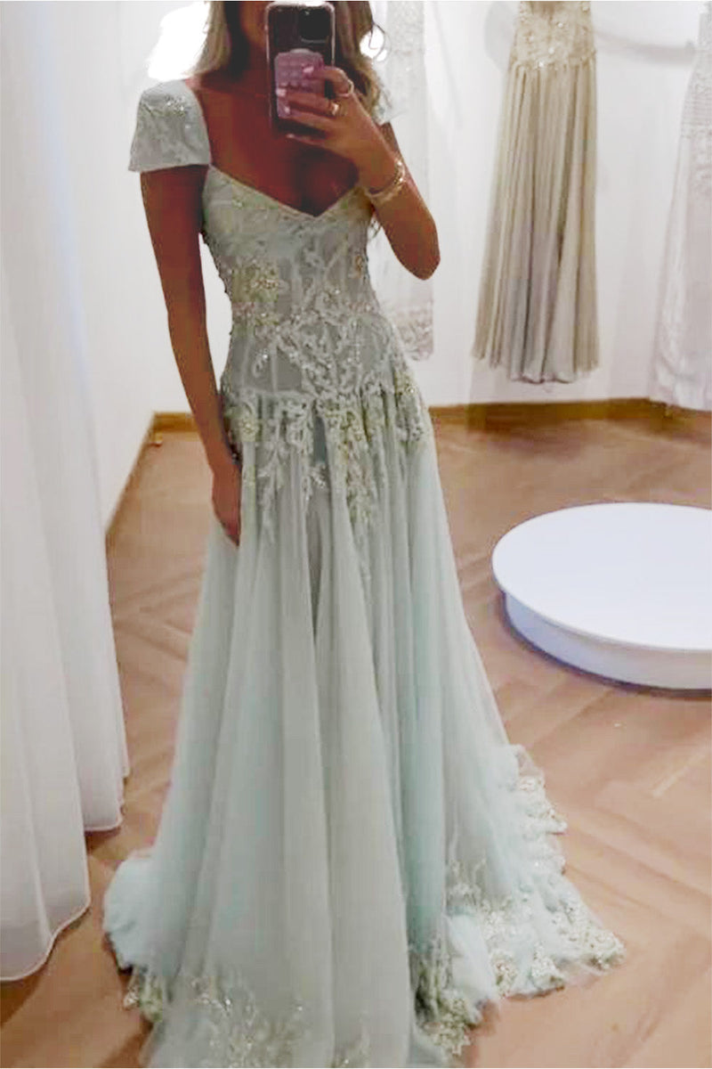 Gorgeous A Line Sweetheart Light Green Long Prom Dress with Appliques