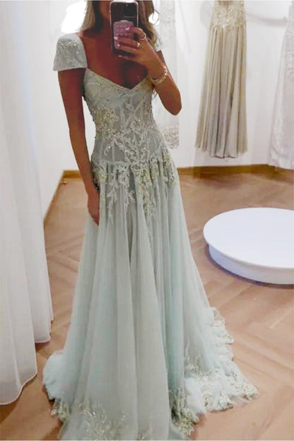 Gorgeous A Line Sweetheart Light Green Long Prom Dress with Appliques