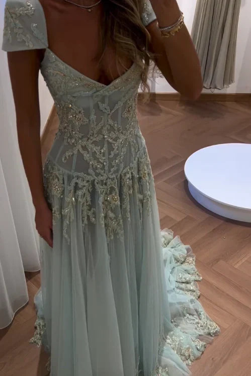 Gorgeous A Line Sweetheart Light Green Long Prom Dress with Appliques