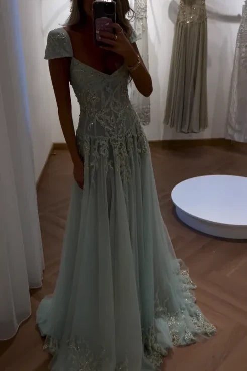 Gorgeous A Line Sweetheart Light Green Long Prom Dress with Appliques