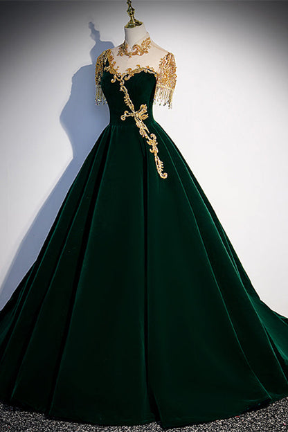 Gorgeous Dark Green A-line Long Formal Gown with Gold High Neck