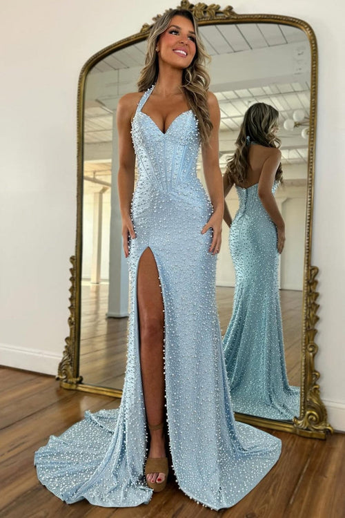 Gorgeous Light Blue Beaded Halter Mermaid Prom Dress With Pearls and Slit
