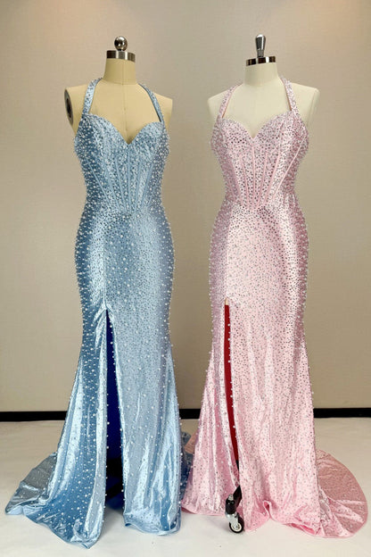Gorgeous Light Blue Beaded Halter Mermaid Prom Dress With Pearls and Slit