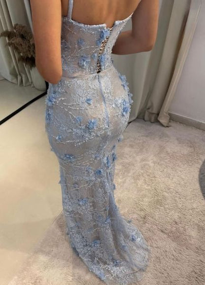 Gorgeous Mermaid Spaghetti Straps Satin Applique Long Prom Dress, Floral Formal Dress,AST2321