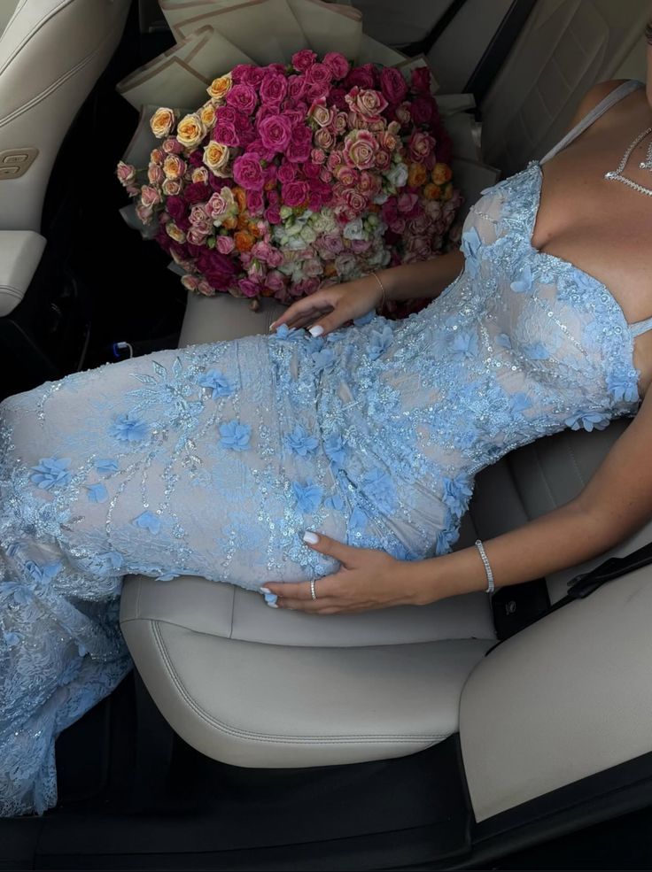 Gorgeous Mermaid Spaghetti Straps Satin Applique Long Prom Dress, Floral Formal Dress,AST2321