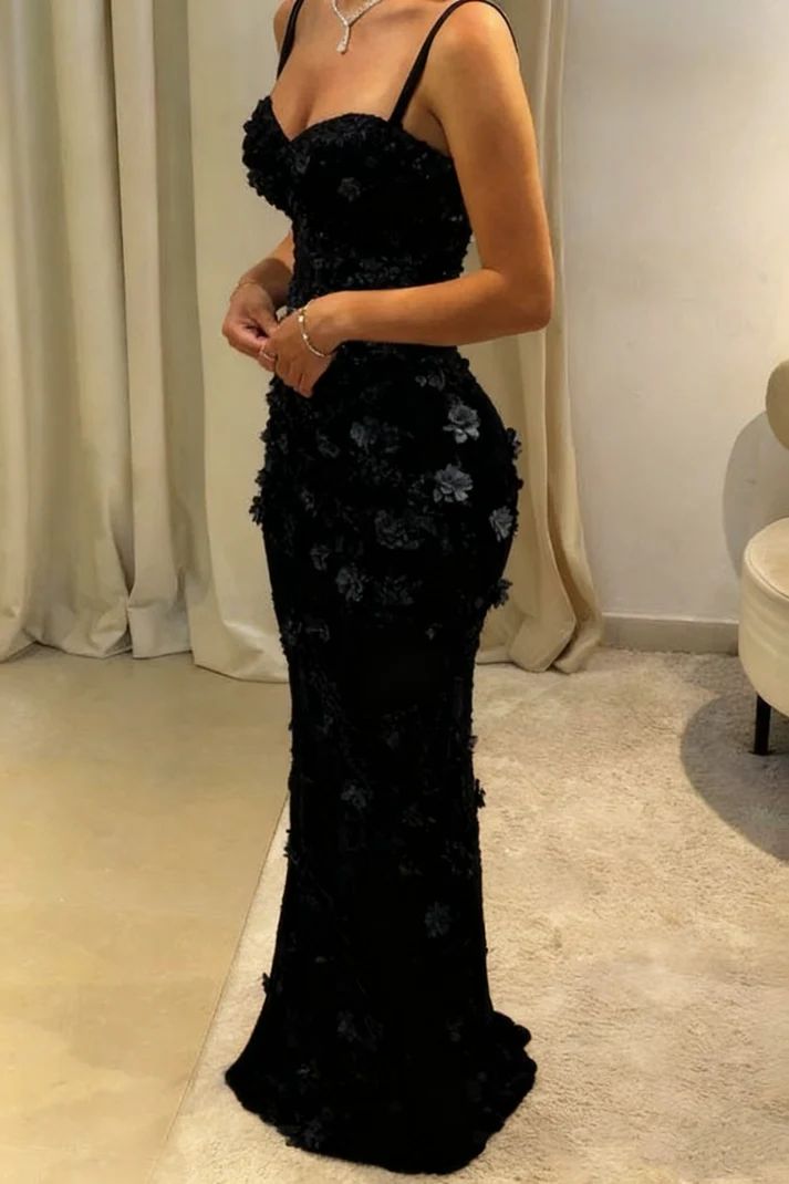 Gorgeous Mermaid Spaghetti Straps Satin Applique Long Prom Dress, Floral Formal Dress,AST2321