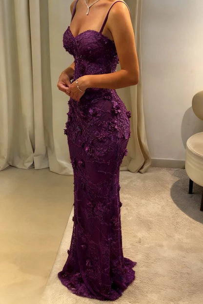 Gorgeous Mermaid Spaghetti Straps Satin Applique Long Prom Dress, Floral Formal Dress,AST2321
