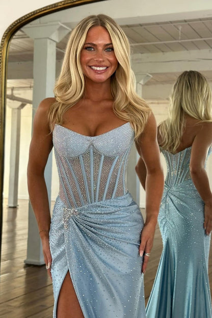 Gorgeous Sparkly Mermaid Strapless Long Beaded Prom Dress with Leg Slit