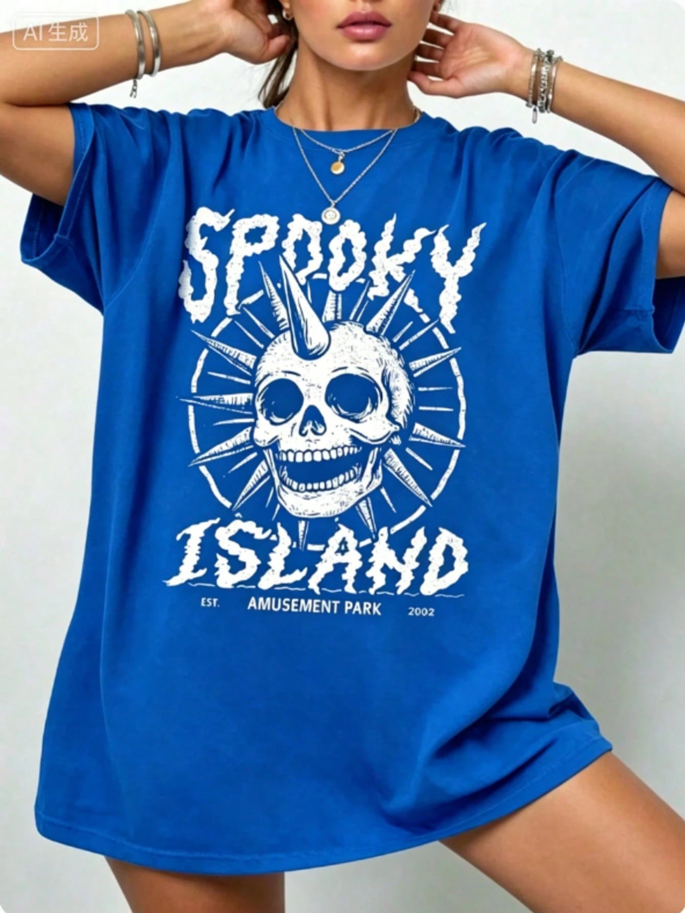 Gothic Punk Cotton T-Shirt,Spooky Island Skull Graphic Tee,Womens Street Concert Summer Top,Short Sleeve,Dark Aesthetic,Y2K Style,Edgy Fashion