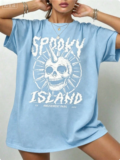 Gothic Punk Cotton T-Shirt,Spooky Island Skull Graphic Tee,Womens Street Concert Summer Top,Short Sleeve,Dark Aesthetic,Y2K Style,Edgy Fashion