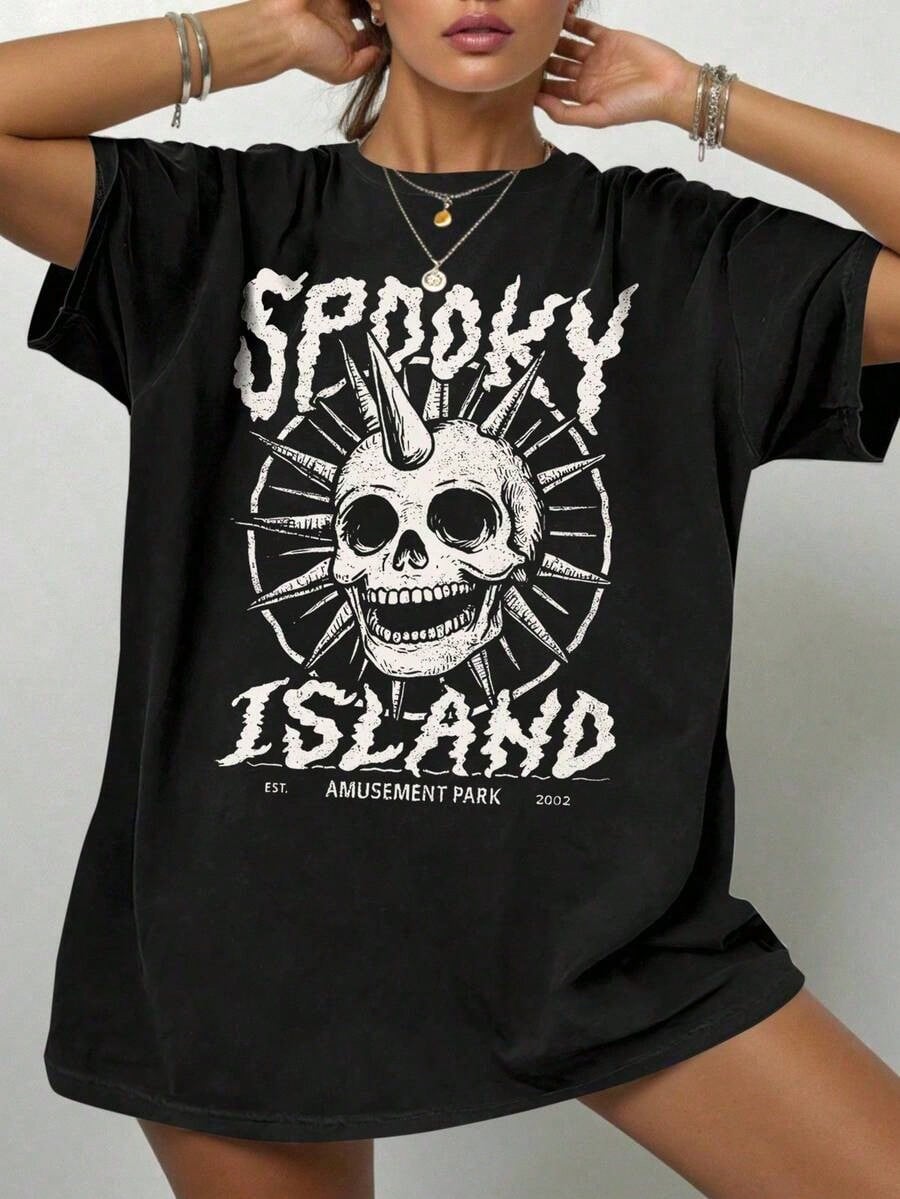 Gothic Punk Cotton T-Shirt,Spooky Island Skull Graphic Tee,Womens Street Concert Summer Top,Short Sleeve,Dark Aesthetic,Y2K Style,Edgy Fashion