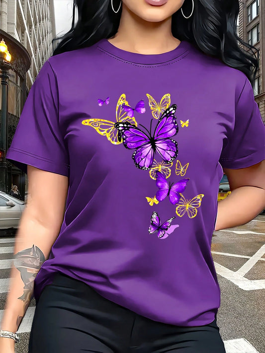 Graphic Tees[Circle]Women's Casual T-Shirt, Unique Butterfly Pattern Print T-Shirt- Gold Accents, Exquisite And Luxurious, Gift, Casual Round-Neck