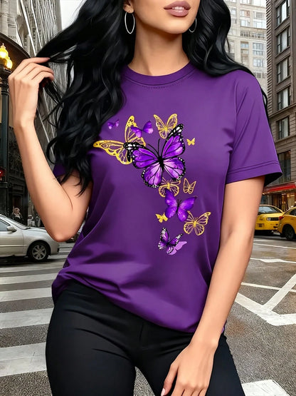 Graphic Tees[Circle]Women's Casual T-Shirt, Unique Butterfly Pattern Print T-Shirt- Gold Accents, Exquisite And Luxurious, Gift, Casual Round-Neck
