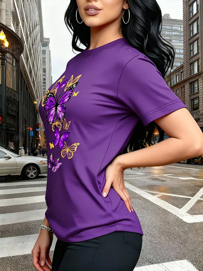 Graphic Tees[Circle]Women's Casual T-Shirt, Unique Butterfly Pattern Print T-Shirt- Gold Accents, Exquisite And Luxurious, Gift, Casual Round-Neck