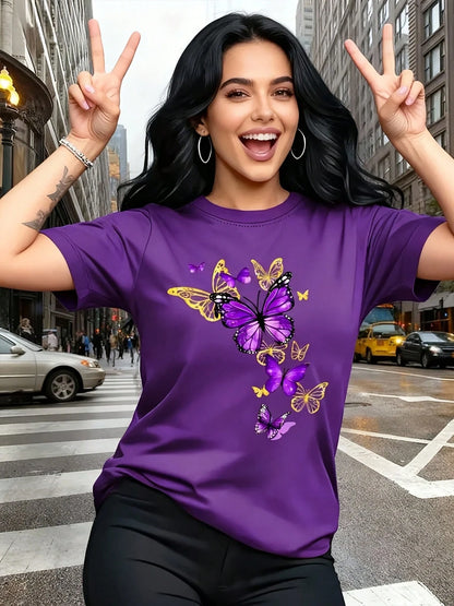 Graphic Tees[Circle]Women's Casual T-Shirt, Unique Butterfly Pattern Print T-Shirt- Gold Accents, Exquisite And Luxurious, Gift, Casual Round-Neck