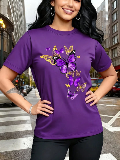 Graphic Tees[Circle]Women's Casual T-Shirt, Unique Butterfly Pattern Print T-Shirt- Gold Accents, Exquisite And Luxurious, Gift, Casual Round-Neck