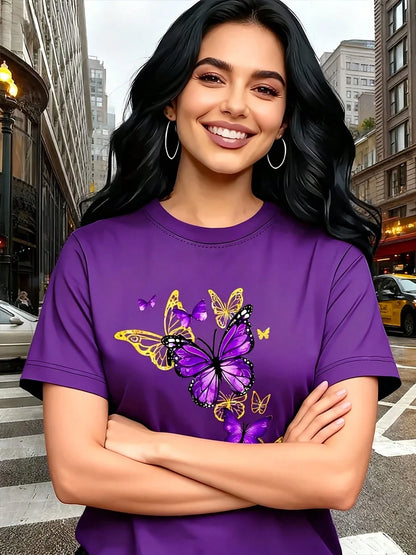 Graphic Tees[Circle]Women's Casual T-Shirt, Unique Butterfly Pattern Print T-Shirt- Gold Accents, Exquisite And Luxurious, Gift, Casual Round-Neck