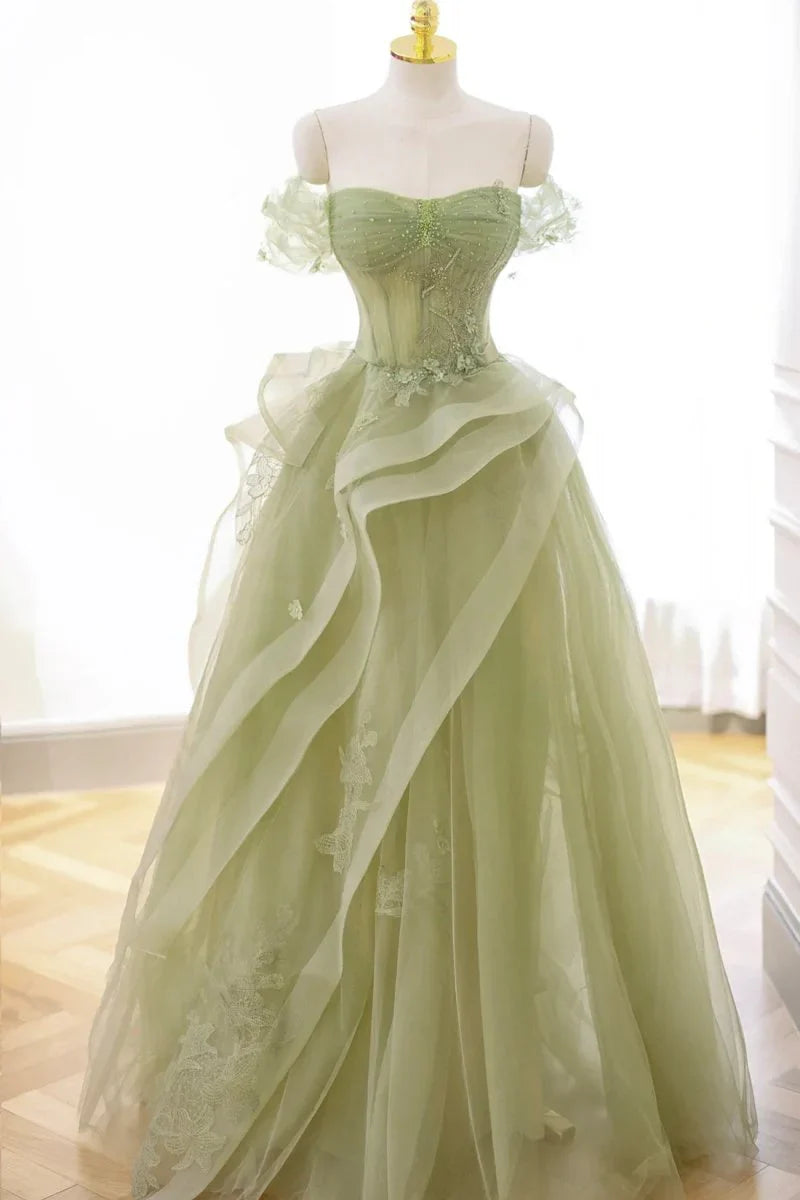 Grass Green A-Line Prom Dresses Tulle Appliques Evening Dress,AST2203