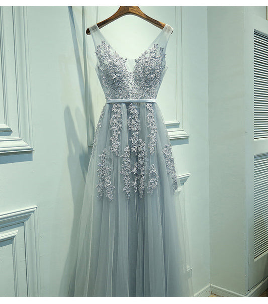 Gray Tulle Prom Dress A-Line with Lace - V-Neck Evening Gown