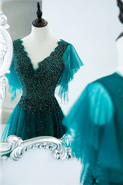 Green A-line Appliques Long Formal Dress with Flutter Sleeves