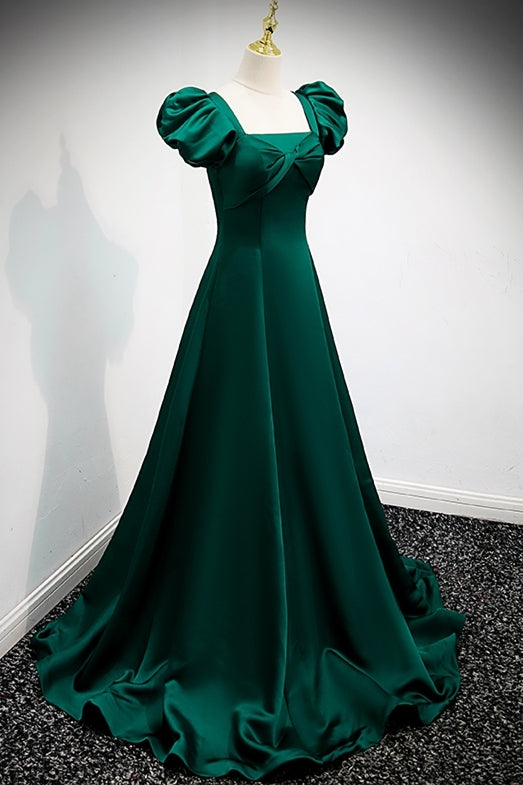 Green A-line Long Formal Dress with Puffy Sleeves