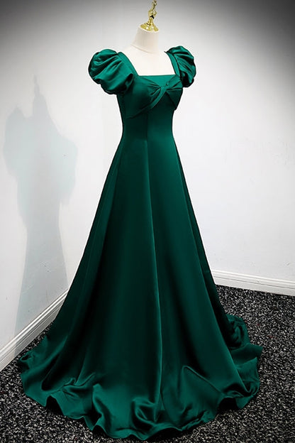 Green A-line Long Formal Dress with Puffy Sleeves