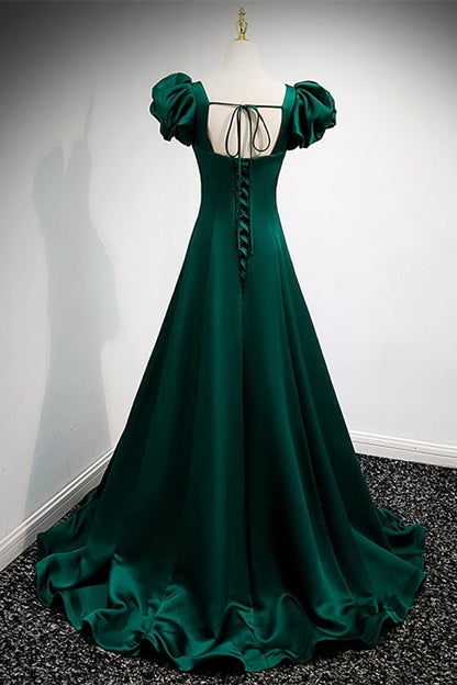 Green A-line Long Formal Dress with Puffy Sleeves
