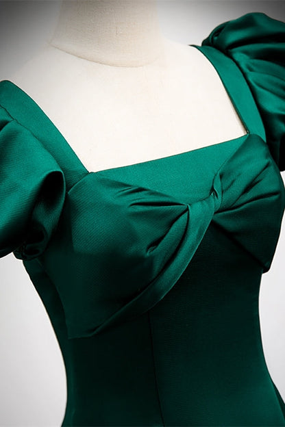 Green A-line Long Formal Dress with Puffy Sleeves