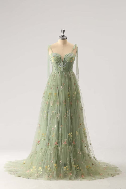Green Floral A-line Long Formal Dress with Shoulders