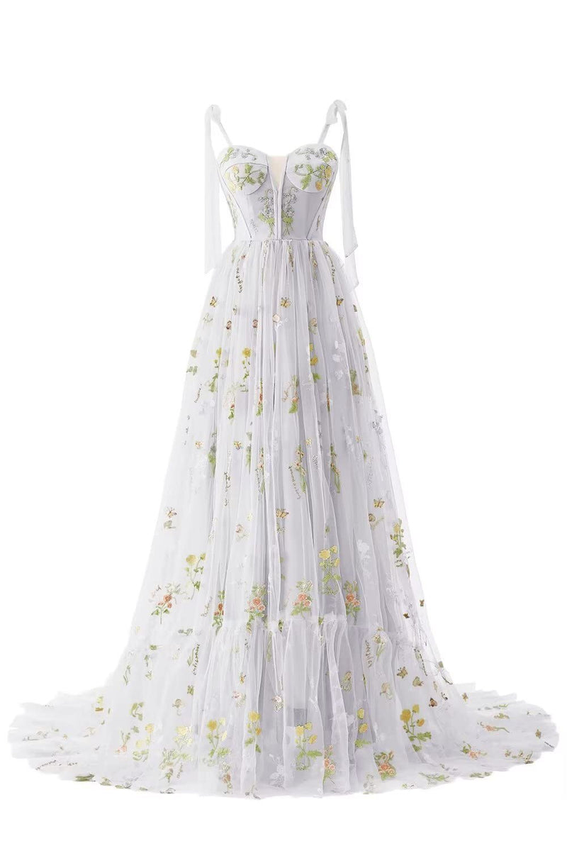 Green Floral A-line Long Formal Dress with Shoulders