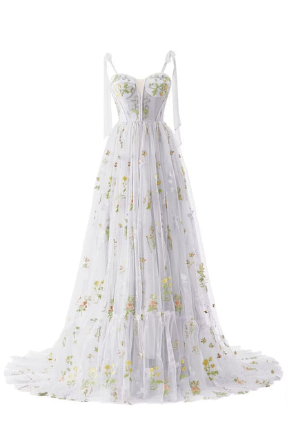 Green Floral A-line Long Formal Dress with Shoulders