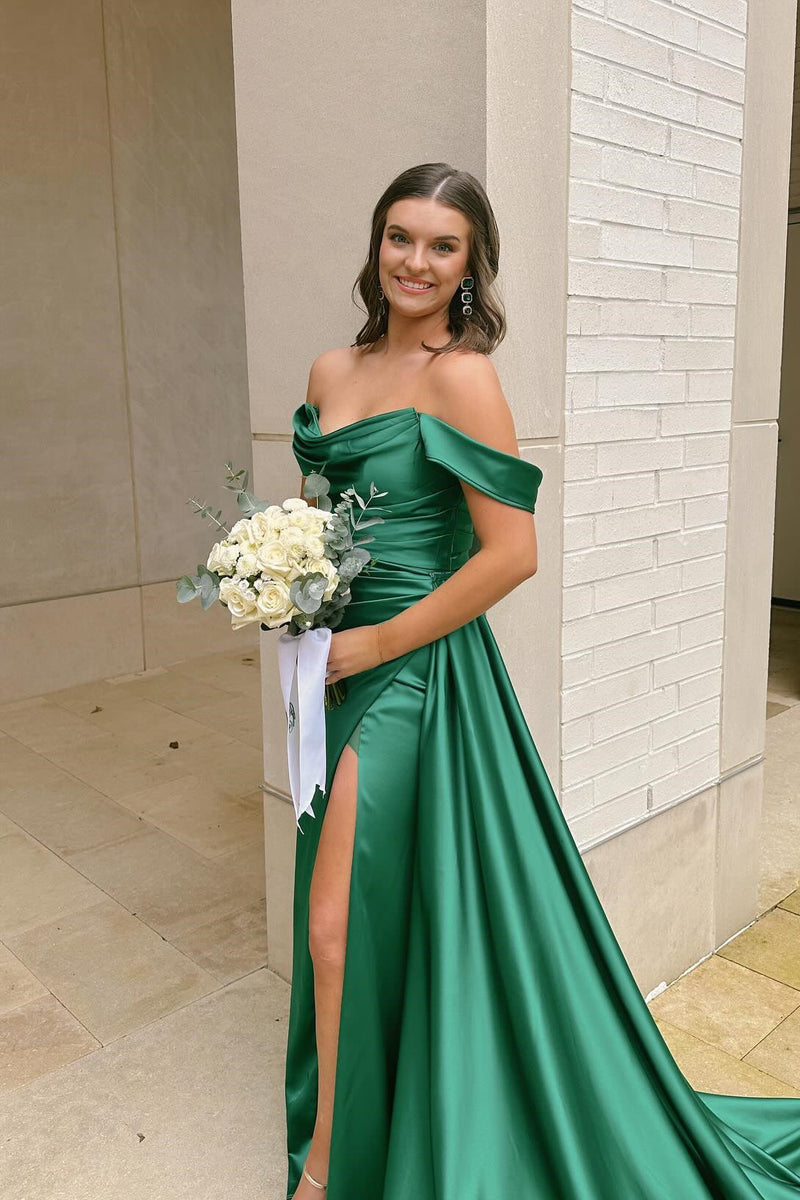 Green Off-the-shoulder Ruched Long Dress with High Slit