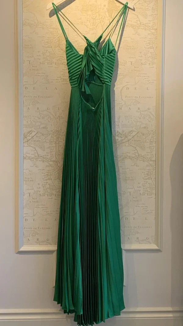 Green Pleated A-Line Prom Dress - V-Neck Satin Evening Party Gown