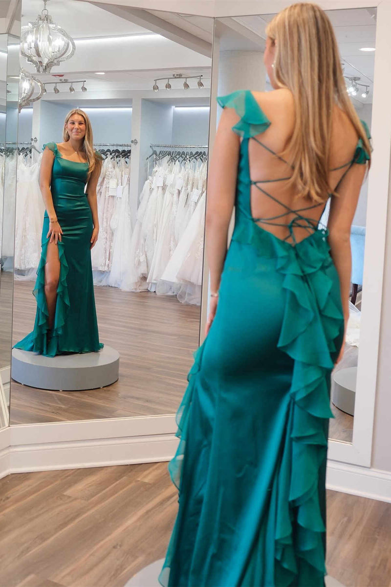 Green Satin and Chiffon Ruffle Fitted Long Formal Dress