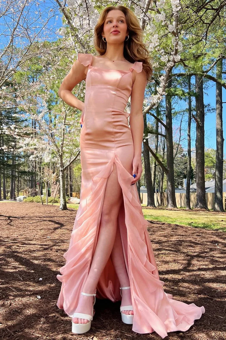 Green Satin and Chiffon Ruffle Fitted Long Formal Dress