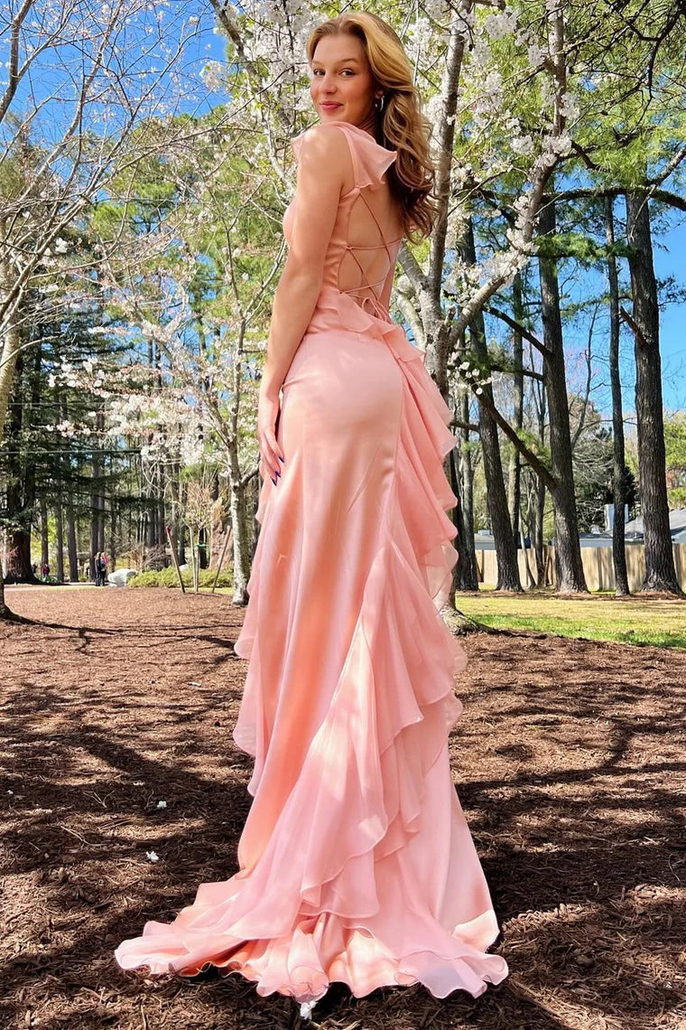 Green Satin and Chiffon Ruffle Fitted Long Formal Dress