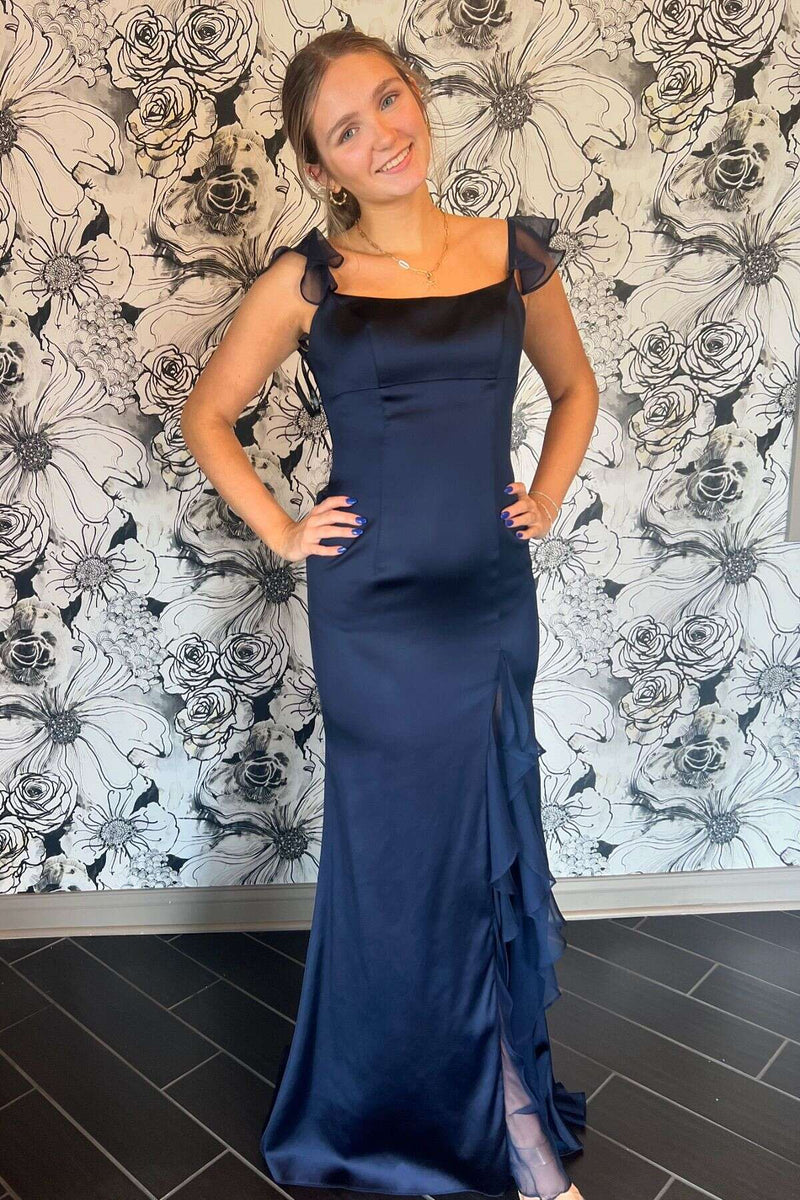 Green Satin and Chiffon Ruffle Fitted Long Formal Dress