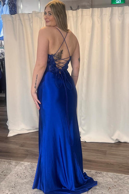 Green Sheer Appliques Satin Mermaid Long Party Dress