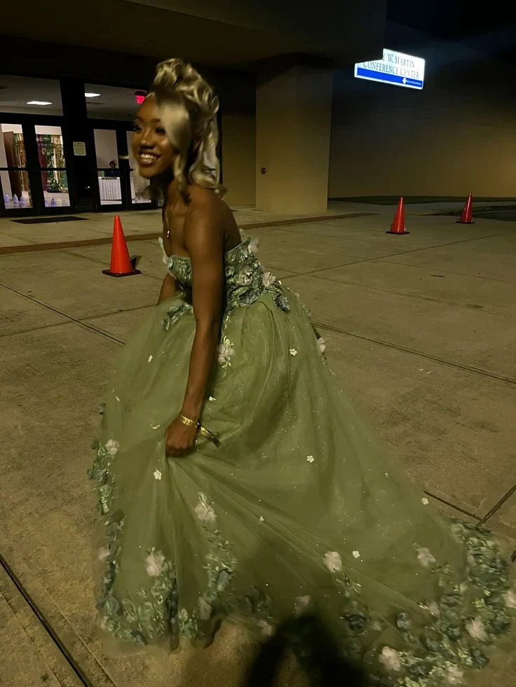 Green Strapless Long Prom Dress With Appliques,AST2297