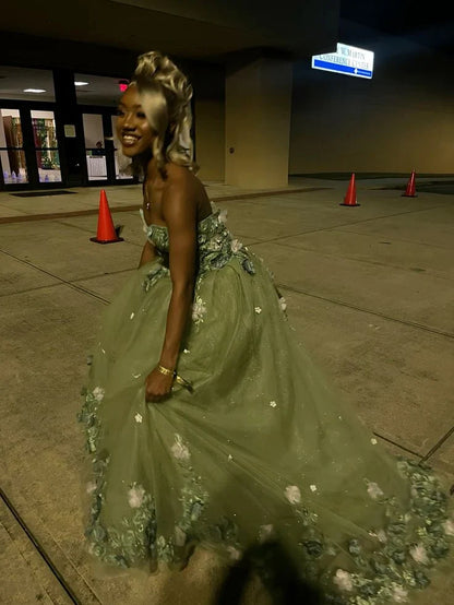Green Strapless Long Prom Dress With Appliques,AST2297