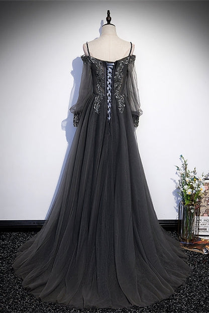 Grey Tulle A-line Long Formal Dress with Long Sleeves