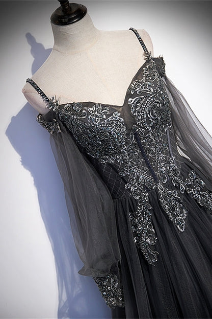 Grey Tulle A-line Long Formal Dress with Long Sleeves