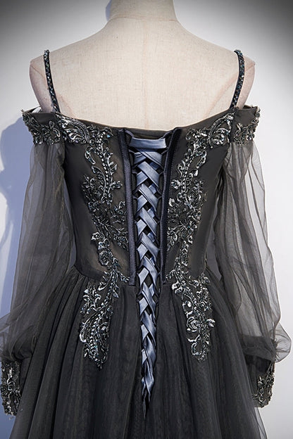Grey Tulle A-line Long Formal Dress with Long Sleeves