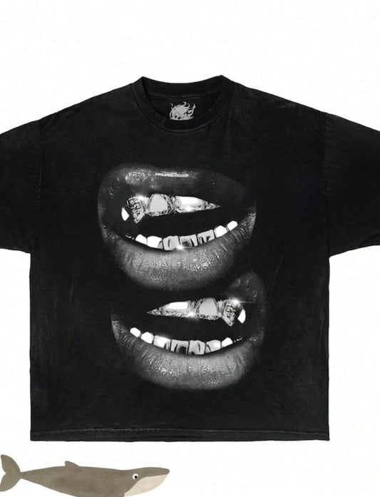 Grin Fang Mouth Graphic Boxy-Shirt, Oversized, Graphic,-Shirt, Streetwear, Y2k, Funny